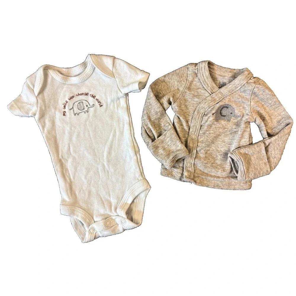 Preemie Baby Boy 2 Piece Set Bodysuit Side Snap Shirt Jacket Lot‎ Smile Elephant